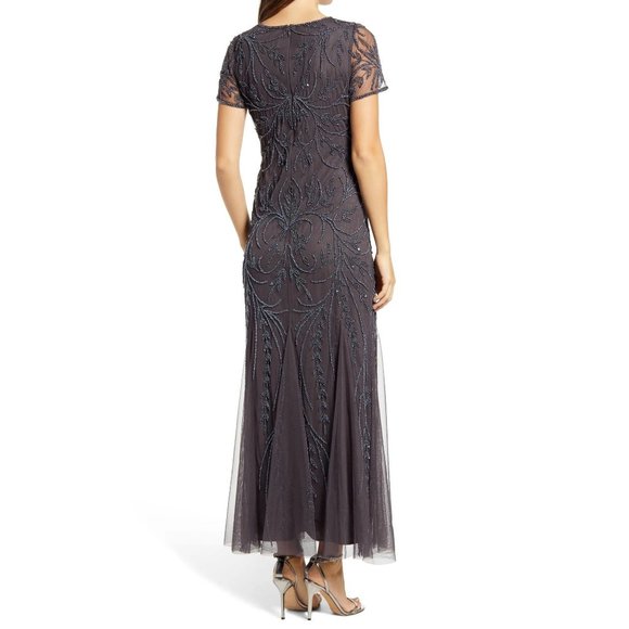 PISARRO NIGHTS Beaded Mesh Gown in Grey - Size 4 - NWT - Picture 5 of 6